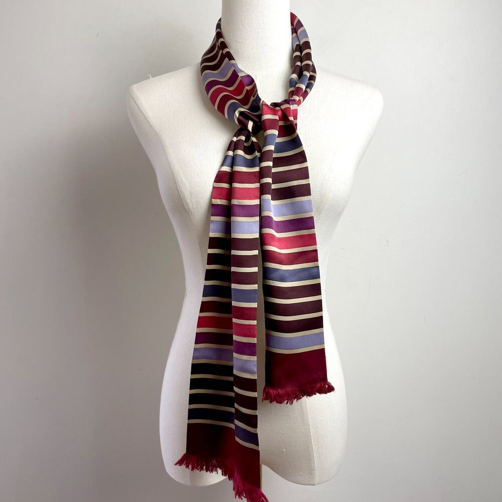 Vintage 90s Echo Silk Scarf Rectangle Satin Striped Jewel Tones Fringe Burgundy